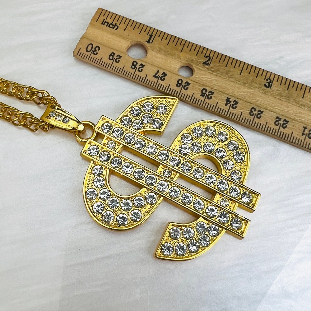 Goldtone Dollar Sign Bling Large Pendant Necklace + Coed Necklace - Picture 8 of 8